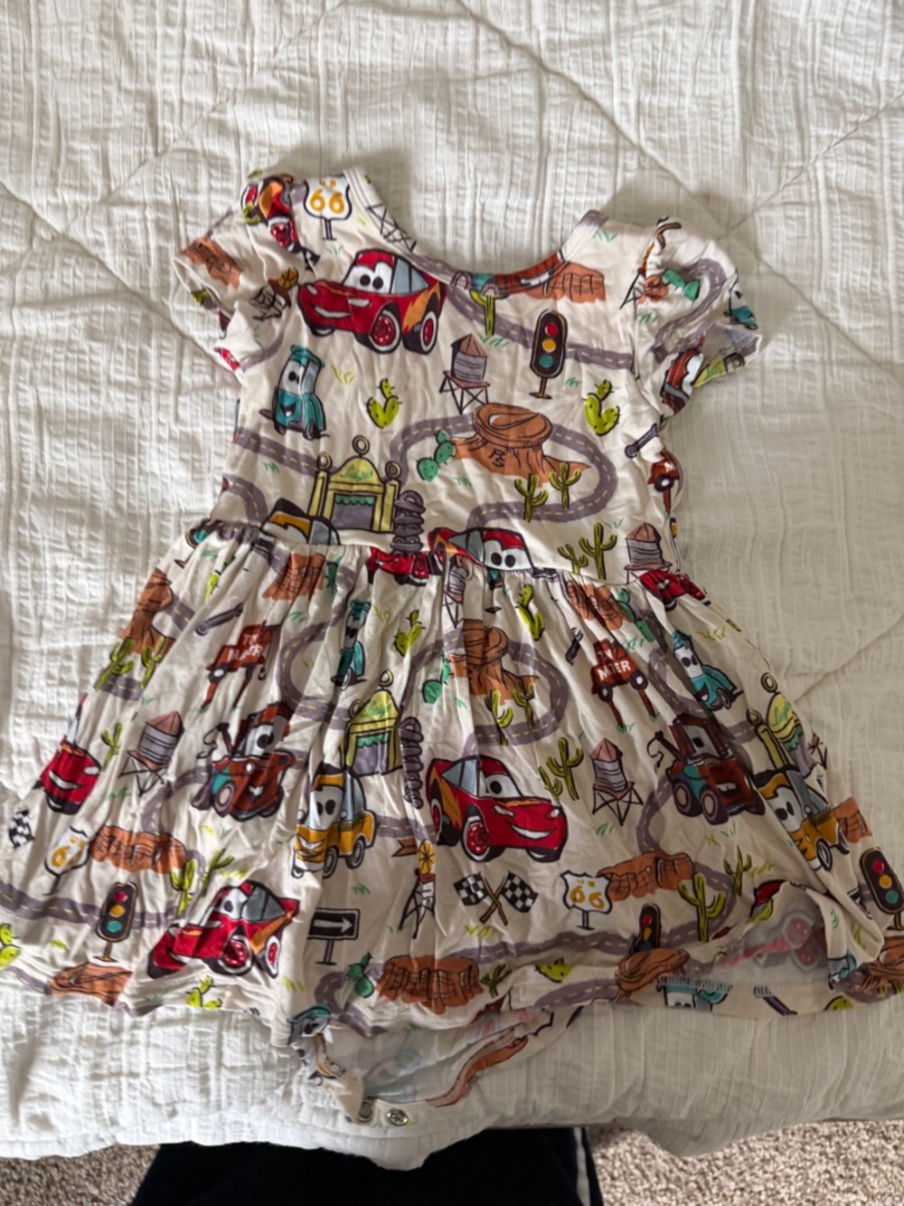 Toddler Cars Print Short Sleeve Dress - Red, Yellow, Teal Little Sleepies